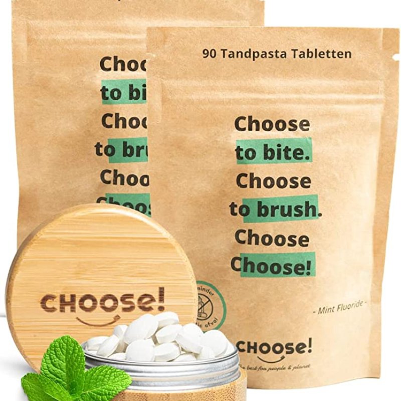 CHOOSE Tandpasta Tabletten met Bamboe Refill Pot – Starter Box | Zero Waste | Milieuvriendelijk | Dierproefvrij | Natuurlijk | Poets Eco-vriendelijk | Vegan | Plasticvrij | Munt | Duurzaam Cadeau
