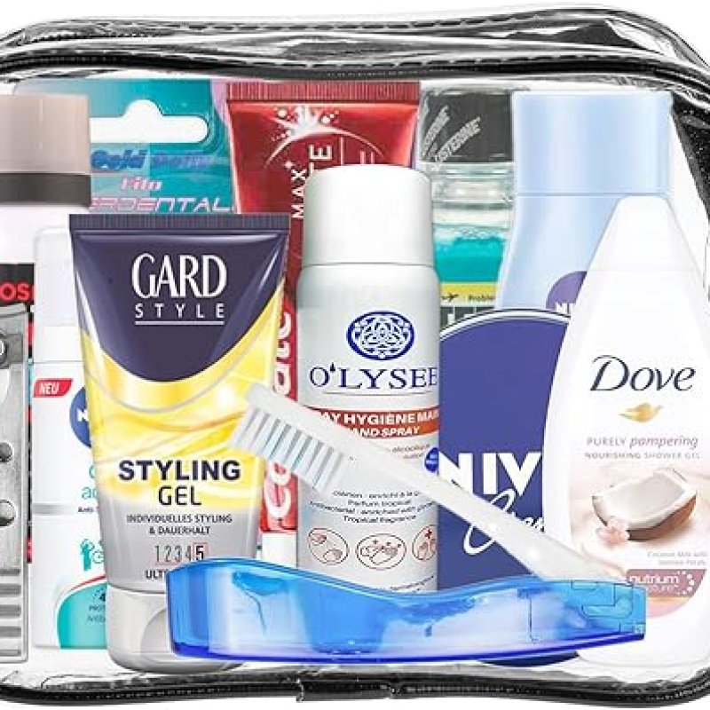 Travel Essentials-set, reisset geschikt voor handbagage, vakantie en zakenreizen, bestaande uit alle benodigde merkproducten voor persoonlijke verzorging, in een PVC make-uptas