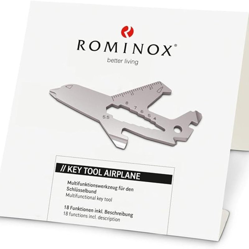 OMINOX Key Tool // Airplane, 18 functies, Keytool sleutelhanger vliegtuig/piloot, roestvrij staal multitool incl. functiebeschrijving, multifunctioneel gereedschap, op reis of vakantie