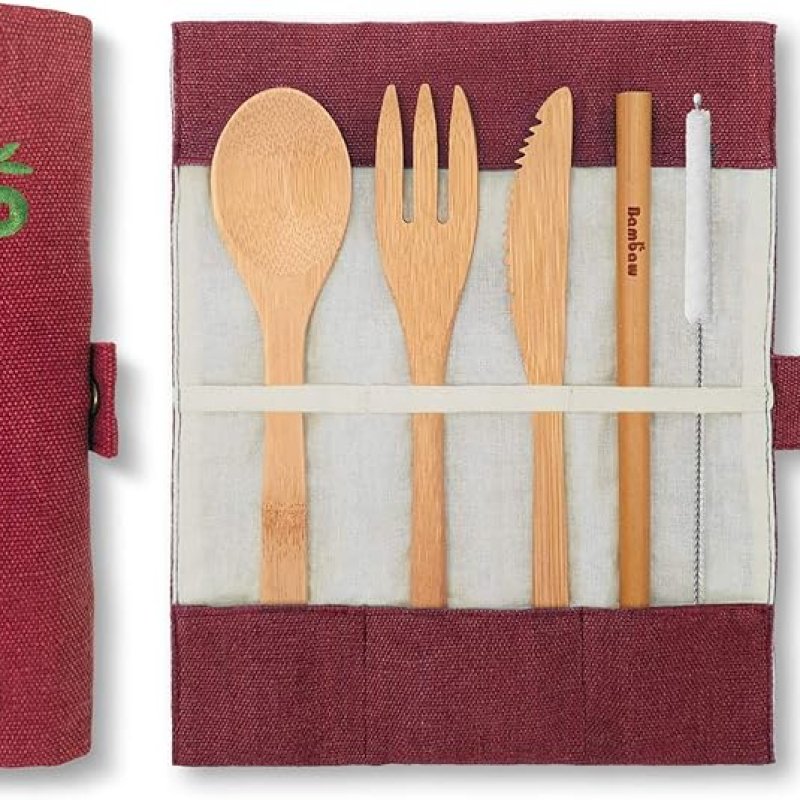 Bamboe Bestek Set | Eco Reisbestek | Milieuvriendelijk Tafelgerei |  Houten Bestek Set | met Opbergzakje |