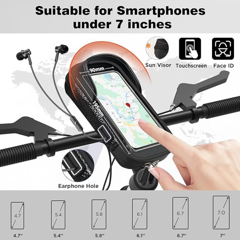 Vitalismo Fiets Telefoonhouder Waterdicht Fietsstuurtas - Fietshouder Smartphone Touchscreen Fietstelefoonhouder Stuurtas Fietstas Stuur 360° Rotatie Regenhoes Opslagruimte voor Telefoon tot 7 inch