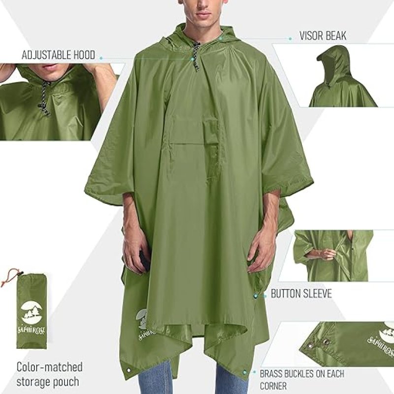 Summer Mae Regenponcho, voor wandelen, fietsen, outdoor, 3-in-1, voor dames en heren, herbruikbaar, poncho- regenjas