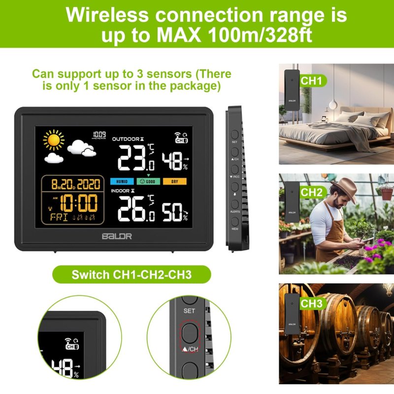 Draadloos weerstation, thermometer, hygrometer, barometer, binnen en buiten